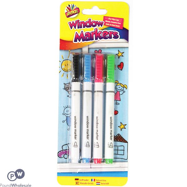 ARTBOX ASSORTED COLOUR DRY-WIPE WINDOW MARKERS 4 PACK