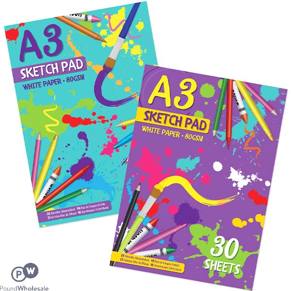 A3 80GSM White Paper Sketch Pad 30 Sheets Assorted