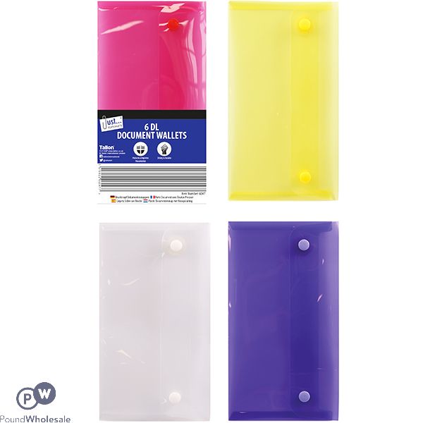 JUST STATIONERY DL POLYFILE DOCUMENT WALLETS 6 PACK ASSORTED COLOURS