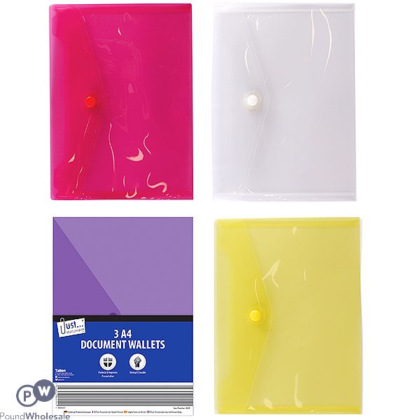 JUST STATIONERY A4 DOCUMENT STUD WALLETS 3 PACK ASSORTED COLOURS