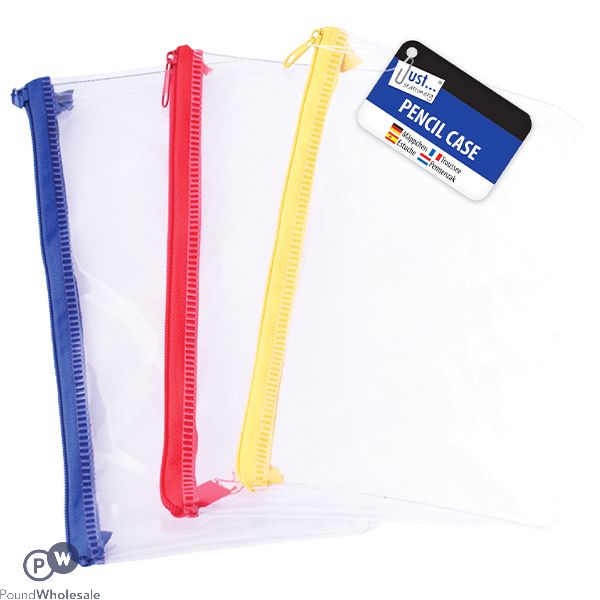 JUST STATIONERY CLEAR EXAM PENCIL CASE 8" ASSORTED COLOURS