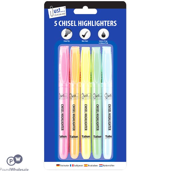 JUST STATIONERY ASSORTED BRIGHT CHISEL TIP HIGHLIGHTER PENS 5 PACK