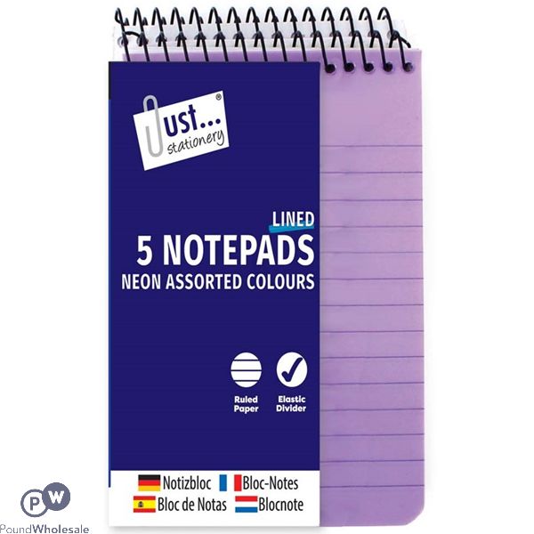 Just Stationery Assorted Colour 40 Sheet Ruled Neon Notepads 5 Pack