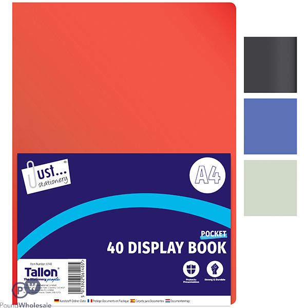 Just Stationery A4 40 Pocket Display Book Assorted Colours