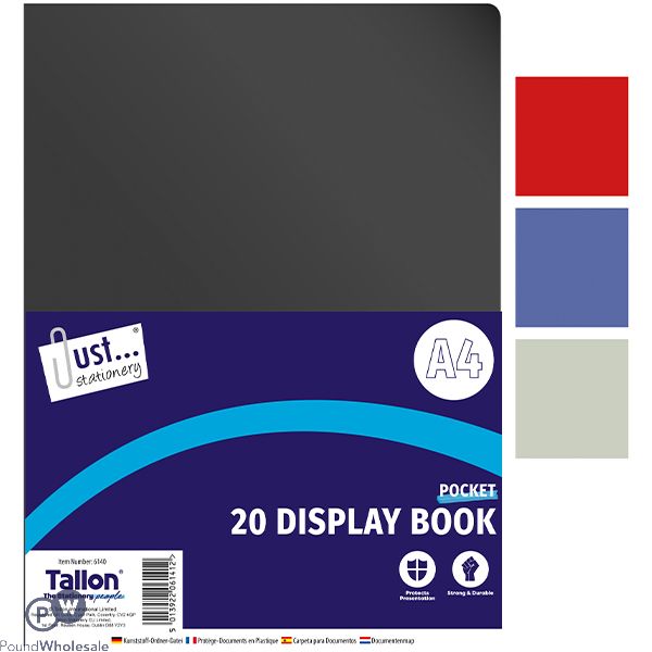 Just Stationery A4 20 Pocket Display Book Assorted Colours