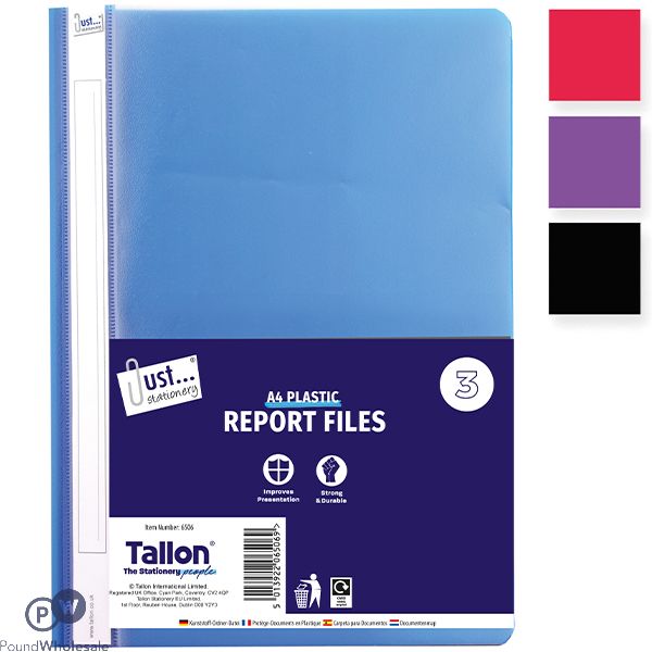 Just Stationery A4 Plastic Report Files 3 Pack Assorted Colours