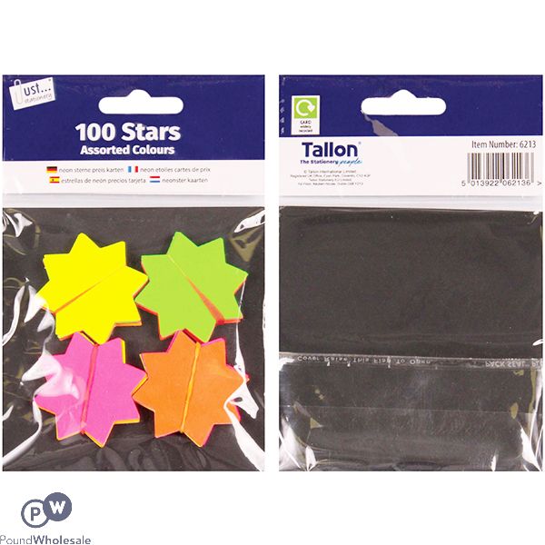 Just Stationery Assorted Colour Fluorescent Card Stars 4.2cm 100 Pack