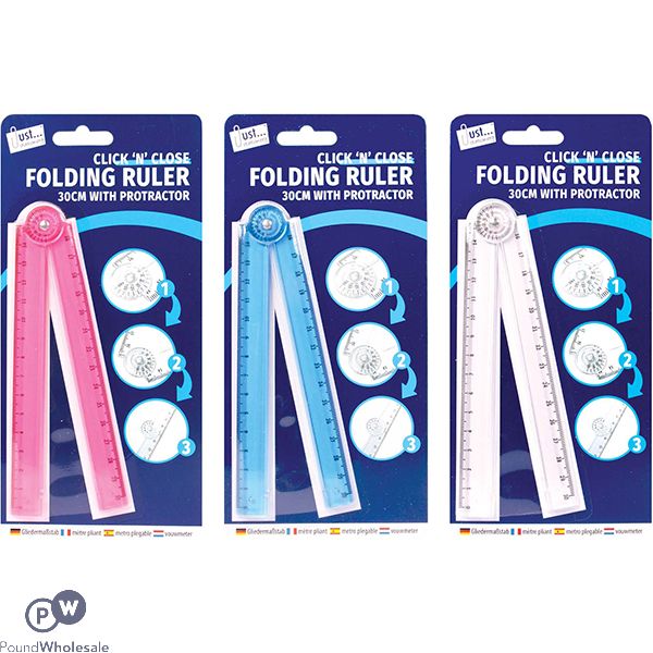 Just Stationery Click 'n' Close Folding Ruler & Protractor 30cm Assorted Colours