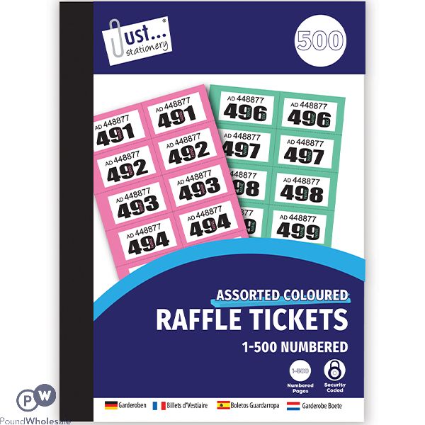 Just Stationery Assorted Colour Numbered Raffle Tickets 1-500