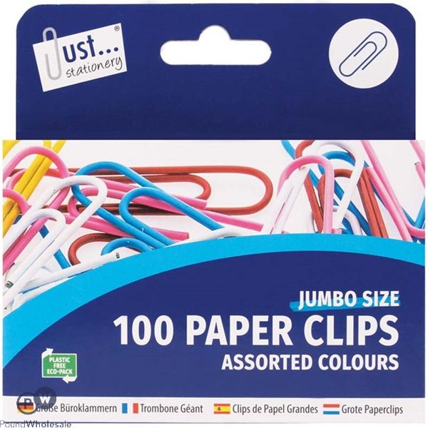 Just Stationery Assorted Colour Jumbo Paper Clips 100 Pack