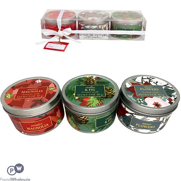 HOLIDAY FLORAL ASSORTED SCENTED TIN CANDLES 3OZ GIFT SET 3 PACK