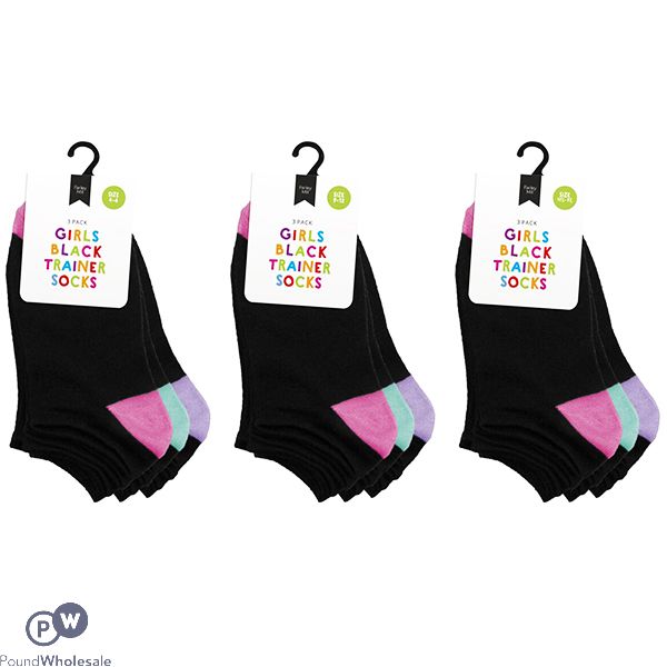 Farley Mill Assorted Colour Size 4-6 Girls Black Trainer Socks 3 Pairs