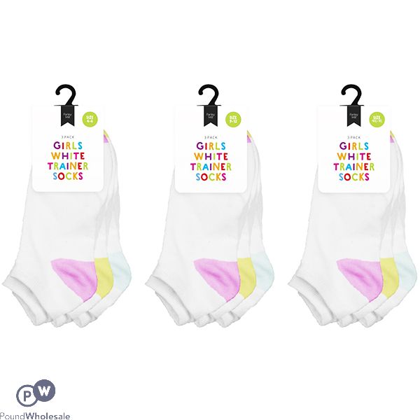 Farley Mill Assorted Colour Size 9-12 Girls' White Trainer Socks 3 Pack