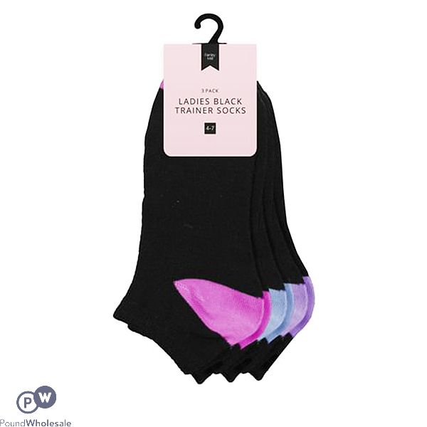 Farley Mill Assorted Colour Size 4-7 Ladies Black Trainer Socks 3 Pack