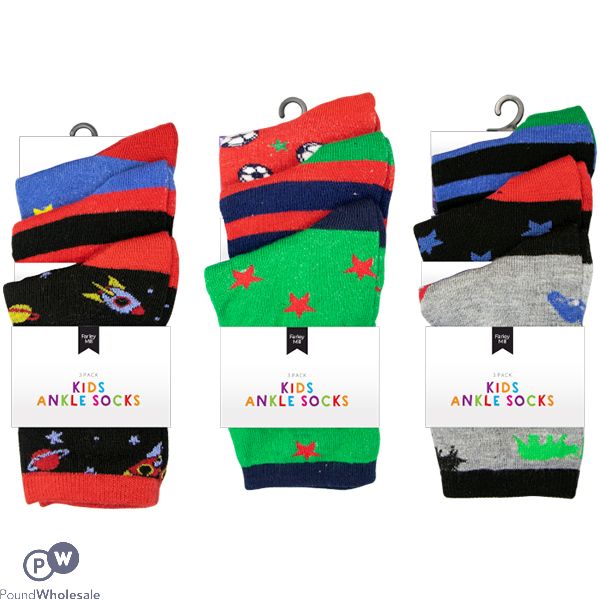 FARLEY MILL BOY'S ASSORTED SIZE FASHION ANKLE SOCKS 3 PACK