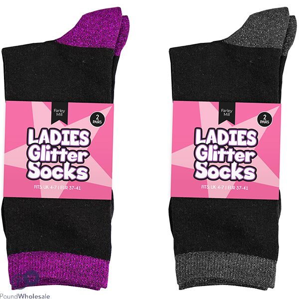 Farley Mill Ladies' Size 4-7 Glitter Lurex Socks 2 Pack Assorted Colours