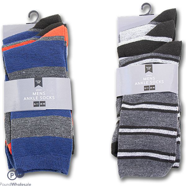 Farley Mill 7-11 Men's Stripe Ankle Socks 3 Pack Assorted Colours