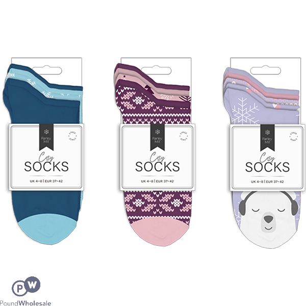 Farley Mill Uk 4-8 Ladies Printed Cosy Socks 5 Pack Assorted