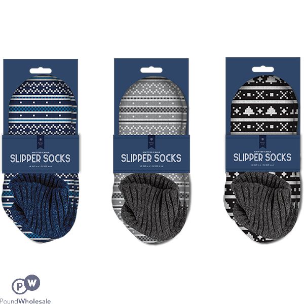 Farley Mill Men's Pattern Knitted Cable Cuffed Winter Slipper Socks Assorted