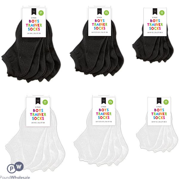 Farley Mill Ages 3-11 Boys Black & White Plain Trainer Socks 5 Pack Assorted