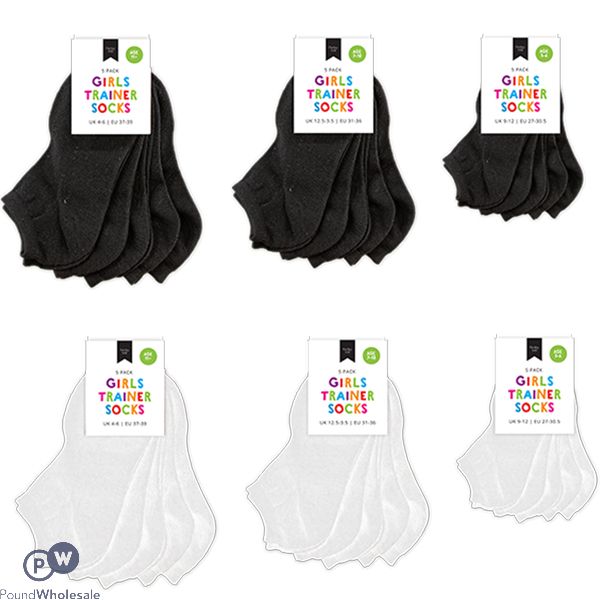 Farley Mill 3-11 Black & White Girls Plain Trainer Socks 5 Pairs Assorted