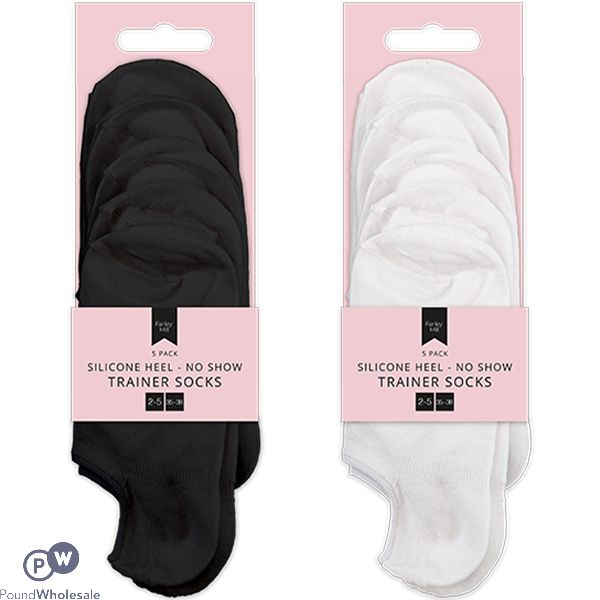 Farley Mill 2-5 Silicone Heel No Show Ladies Trainer Socks 5 Pack Assorted Colours