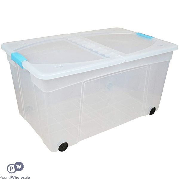 LARGE CLEAR CLIPPY STORAGE BOX WITH WHEELS & FOLDING LID 110L