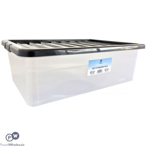 CLIPPY PLASTIC UNDER BED BOX WITH BLACK LID 32LTR 