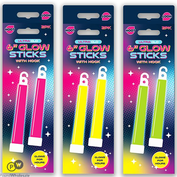 Hoot Ultra-Glo Hanging Glow Sticks 6" 2 Pack Assorted Colours