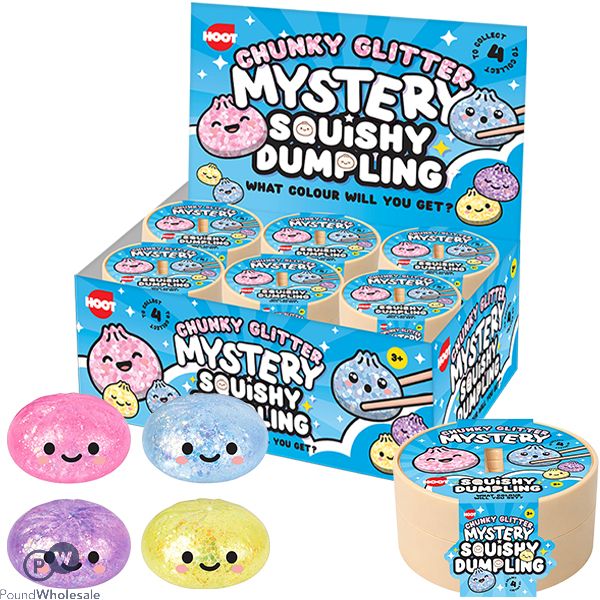 Hoot Chunky Glitter Mystery Squishy Dumpling Squish Toy 8.5cm Cdu Assorted Colours