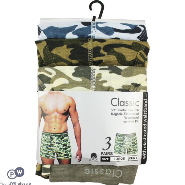 3pk   Classic Boxer Shorts Camo (soft Cotton Fine Rib)  Size Large- Ass/cols