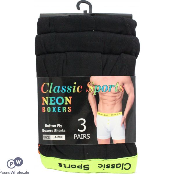 3pk Classic Sport Neon Button Fly Boxers Neon Strap With Black 3 Colours - Large