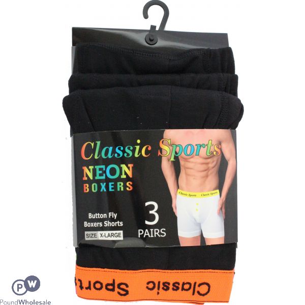 3pk Classic Sport Neon Button Fly Boxers Neon Strap With Black 3 Colours - Xlarge