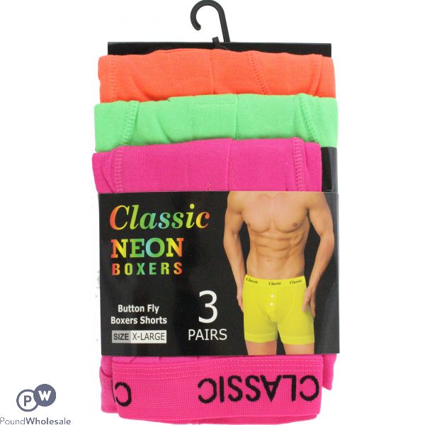 3pk Classic Full Neon Button Fly Boxers Neon Strap 3 Colours - Xlarge