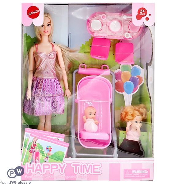 Fashion Mum Doll With Pram & Baby Play Set