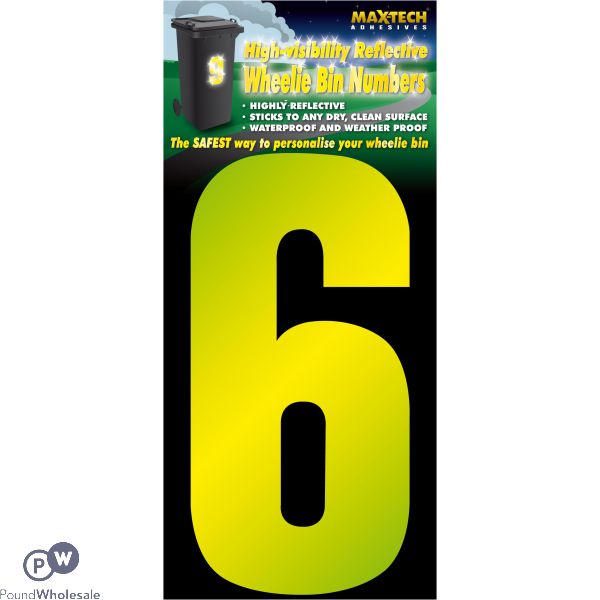 Adhesive Hi Vis Luminous  Yellow Wheelie Bin Number 6