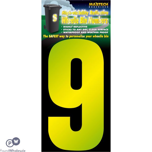 Adhesive Hi Vis Luminous Yellow Wheelie Bin Number 9