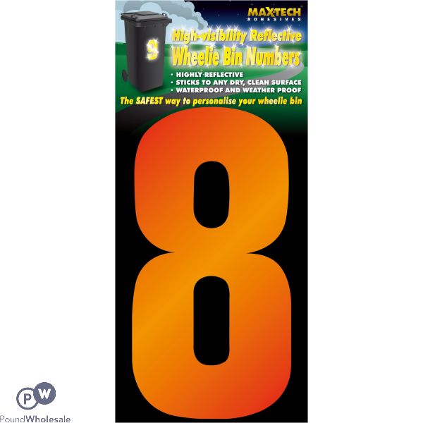 Adhesive Hi Vis Luminous Orange Wheelie Bin Number 8