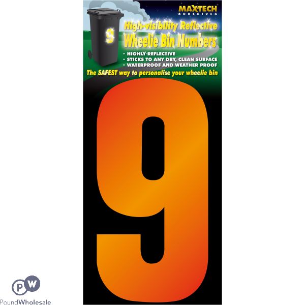 Adhesive Hi Vis Luminous Orange Wheelie Bin Number 9