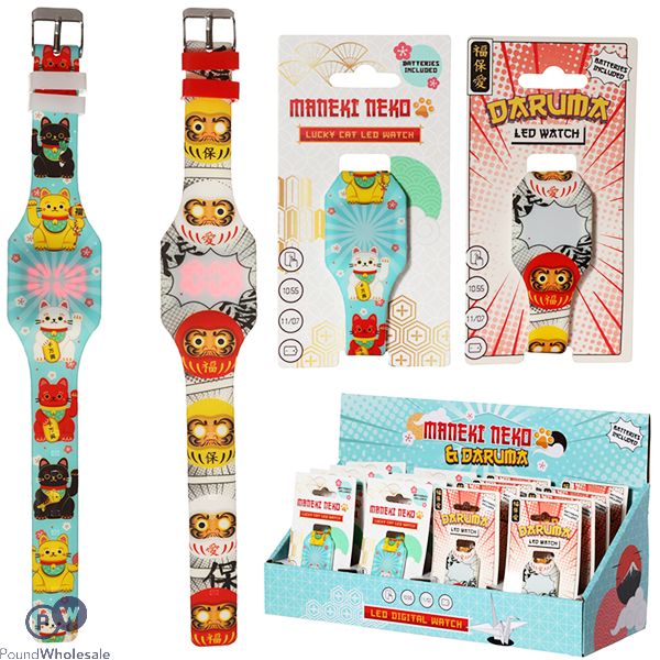 MANEKI NEKO LUCKY CAT & JAPANESE DARUMA SILICONE LED DIGITAL WATCH ASSORTED CDU