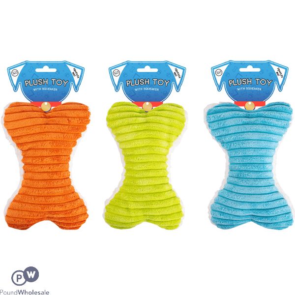 WORLD OF PETS SQUEAKY BONE PLUSH DOG TOY ASSORTED COLOURS
