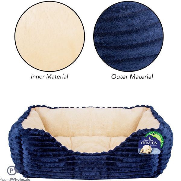 SWEET DREAMS RIBBED BLUE PET BED MEDIUM 58CM X 48CM X 20CM