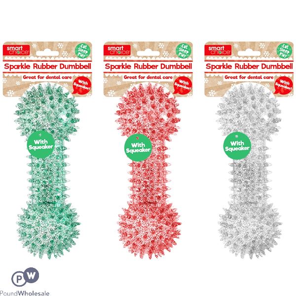 Smart Choice Squeaky Rubber Glitter Christmas Dumbbell Dog Toy Assorted Colours 15.5cm