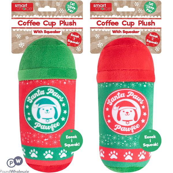 Smart Choice Squeaky Plush Christmas Coffee Cup Dog Toy Assorted