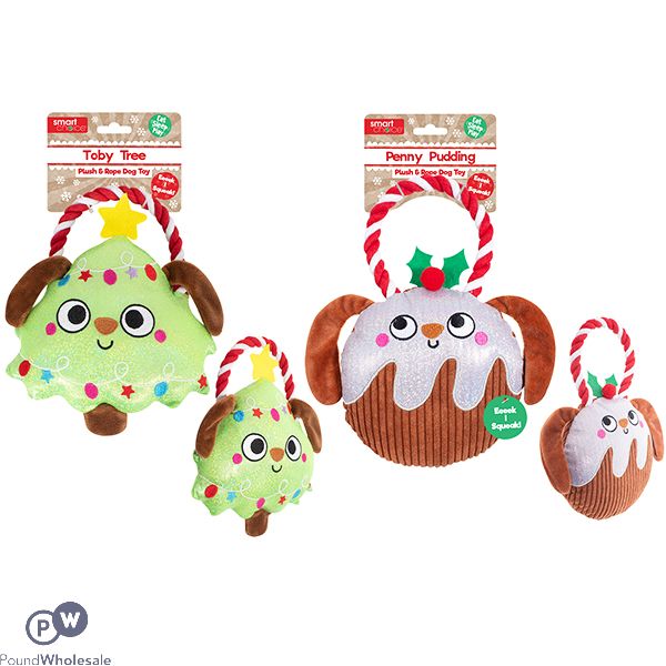 Smart Choice Squeaky Shiny Plush & Rope Christmas Dog Toy Assorted