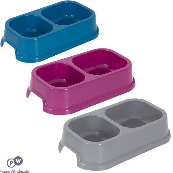 World Of Pets Plastic Double Pet Bowl 250ml Assorted Colours
