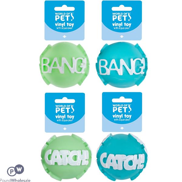 World Of Pets Squeaky Vinyl Word Ball Dog Toy 8cm Assorted