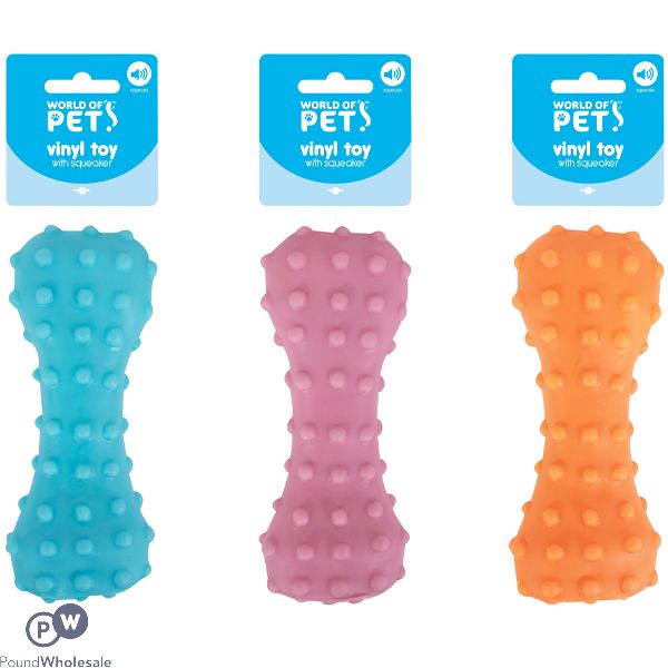 World Of Pets Squeaky Vinyl Dotted Bone Dog Toy 15cm Assorted Colours