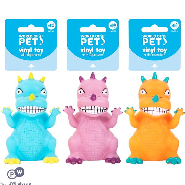 World Of Pets Squeaky Vinyl Dinosaur Dog Toy Assorted Colours