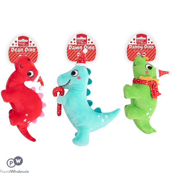 Smart Choice Christmas Squeaky Plush Dinosaur Dog Toy Assorted